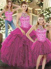 Floor Length Fuchsia Quinceanera Dress Tulle Sleeveless Beading and Ruffles