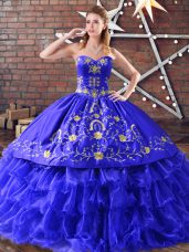 Ideal Organza Sweetheart Sleeveless Lace Up Embroidery and Ruffled Layers Vestidos de Quinceanera in Royal Blue