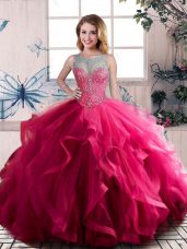 Suitable Fuchsia Sleeveless Beading and Ruffles Floor Length Sweet 16 Dresses