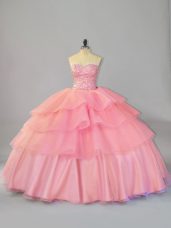 Sleeveless Brush Train Lace Up Beading and Ruffles 15th Birthday Dress