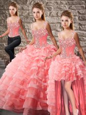Customized Watermelon Red Lace Up Straps Beading and Ruffled Layers Ball Gown Prom Dress Organza Sleeveless Court Train