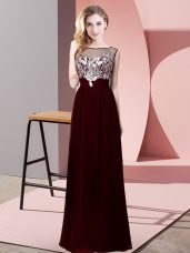 Exquisite Burgundy Empire Beading Evening Dress Backless Chiffon Sleeveless Floor Length