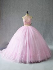 Excellent Baby Pink Sweet 16 Quinceanera Dress Halter Top Sleeveless Court Train Zipper