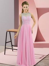 Rose Pink Zipper Prom Dress Beading Sleeveless Floor Length