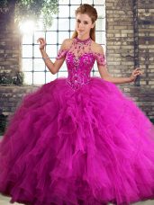 Sleeveless Tulle Floor Length Lace Up Vestidos de Quinceanera in Fuchsia with Beading and Ruffles