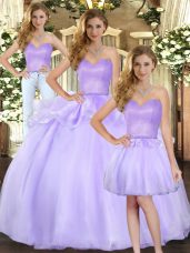 Lavender Three Pieces Organza Sweetheart Sleeveless Beading Floor Length Lace Up 15th Birthday Dress