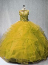 Chic Court Train Ball Gowns Sweet 16 Dress Olive Green Bateau Tulle Sleeveless Lace Up