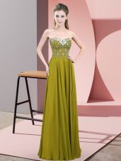 Olive Green Empire Beading Teens Party Dress Zipper Chiffon Sleeveless Floor Length