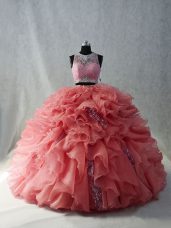 Fantastic Watermelon Red Organza Zipper Ball Gown Prom Dress Sleeveless Floor Length Brush Train Beading