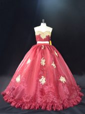 Sweetheart Sleeveless Sweet 16 Dress Appliques Red and Burgundy Organza