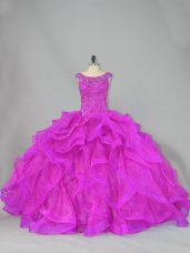 Hot Selling Fuchsia Lace Up Scoop Beading 15 Quinceanera Dress Organza Sleeveless Brush Train