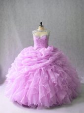 Ideal Sleeveless Organza Brush Train Lace Up 15 Quinceanera Dress in Lilac with Beading and Ruffles