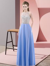 Floor Length Blue Prom Dresses Satin Sleeveless Beading