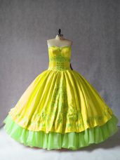 Low Price Yellow Satin and Organza Lace Up Sweetheart Sleeveless Floor Length Quince Ball Gowns Embroidery
