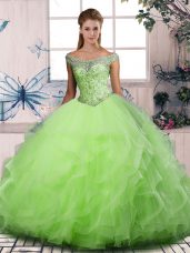 Off The Shoulder Sleeveless Tulle Quinceanera Gown Beading and Ruffles Lace Up