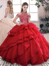 Elegant High-neck Sleeveless Lace Up Vestidos de Quinceanera Red Organza