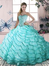 Graceful Ball Gowns Sleeveless Aqua Blue Vestidos de Quinceanera Brush Train Lace Up