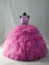 Organza Brush Train Sweet 16 Dresses in Pink with Beading and Ruffles