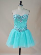 Edgy Beading Club Wear Aqua Blue Lace Up Sleeveless Mini Length