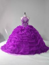Vintage Purple Organza Lace Up Halter Top Sleeveless Quinceanera Dresses Court Train Beading and Pick Ups