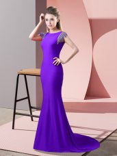 Adorable Lavender Red Carpet Prom Dress Prom and Party with Beading High-neck Short Sleeves Brush Train Backless