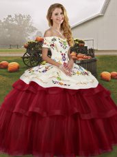 Custom Fit Wine Red Off The Shoulder Lace Up Embroidery and Ruffled Layers Ball Gown Prom Dress Brush Train Sleeveless