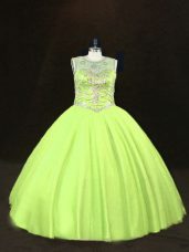 Flirting Yellow Green Ball Gowns Tulle Scoop Sleeveless Beading Floor Length Lace Up Vestidos de Quinceanera