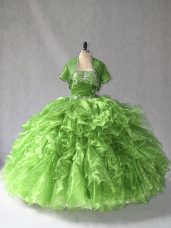 Dramatic Sleeveless Floor Length Beading and Ruffles Lace Up Sweet 16 Dress with Green