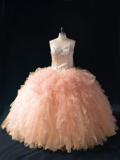 Sweetheart Sleeveless Quince Ball Gowns Floor Length Beading and Ruffles Peach Tulle