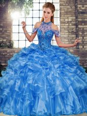 Romantic Floor Length Blue Quince Ball Gowns Organza Sleeveless Beading and Ruffles