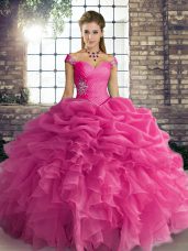 Superior Floor Length Hot Pink Quinceanera Gown Off The Shoulder Sleeveless Lace Up