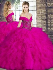 Tulle Sleeveless Floor Length 15 Quinceanera Dress and Beading and Ruffles