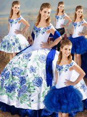 Lovely Blue And White Off The Shoulder Lace Up Embroidery and Ruffles Sweet 16 Quinceanera Dress Sleeveless