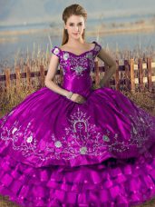 Charming Purple Satin and Organza Lace Up Off The Shoulder Sleeveless Floor Length Quinceanera Gowns Embroidery and Ruffled Layers