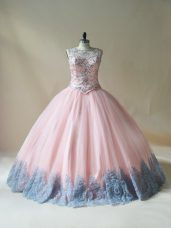 Top Selling Pink Lace Up Scoop Beading and Appliques Quinceanera Dresses Tulle Sleeveless