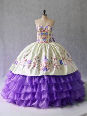 Fashionable Lavender Ball Gowns Sweetheart Sleeveless Organza Floor Length Lace Up Embroidery and Ruffled Layers Quinceanera Dress