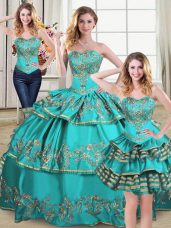 Dazzling Sweetheart Sleeveless Quinceanera Dress Floor Length Embroidery and Ruffled Layers Aqua Blue Organza