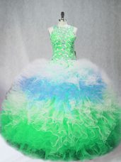 Hot Selling Multi-color Ball Gowns Tulle Scoop Sleeveless Beading and Ruffles Floor Length Zipper 15th Birthday Dress