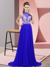 Custom Designed Blue Halter Top Neckline Beading Prom Dresses Sleeveless Backless