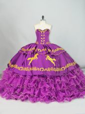 Purple Ball Gowns Satin and Organza Sweetheart Sleeveless Embroidery and Ruffles Lace Up 15th Birthday Dress Brush Train