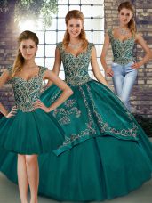 Inexpensive Teal Sleeveless Floor Length Beading and Embroidery Lace Up Sweet 16 Quinceanera Dress