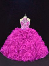 Sleeveless Floor Length Beading and Ruffles Lace Up Sweet 16 Dresses with Fuchsia