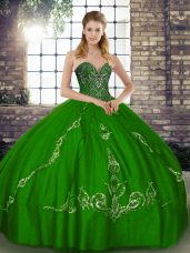 Green Sleeveless Floor Length Beading and Embroidery Lace Up Quinceanera Gown