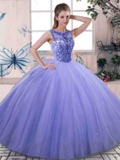 Lavender Sleeveless Floor Length Beading Lace Up 15th Birthday Dress