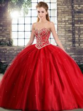 Ideal Red Quinceanera Gown Sweetheart Sleeveless Brush Train Lace Up