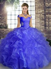 Blue Ball Gowns Off The Shoulder Sleeveless Organza Floor Length Lace Up Beading and Ruffles Quinceanera Dresses