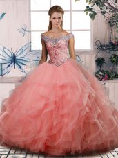 Watermelon Red Sleeveless Floor Length Beading Lace Up Ball Gown Prom Dress