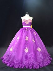 Purple Zipper Vestidos de Quinceanera Appliques Sleeveless Brush Train