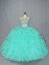 Spectacular Sleeveless Organza Floor Length Lace Up Sweet 16 Dress in Aqua Blue with Beading
