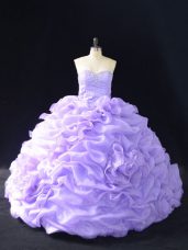 Glittering Lavender Sleeveless Beading and Pick Ups and Hand Made Flower Lace Up Quince Ball Gowns